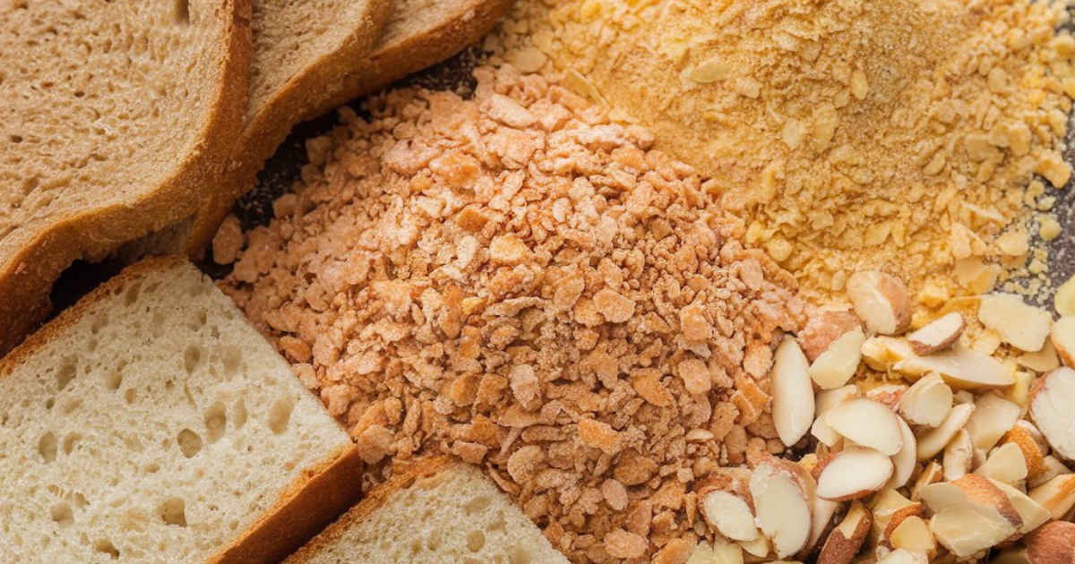 A bowl of golden-brown gluten-free breadcrumbs with a silver spoon, surrounded by small bowls and a neutral background, showcasing crispy and crumbly texture