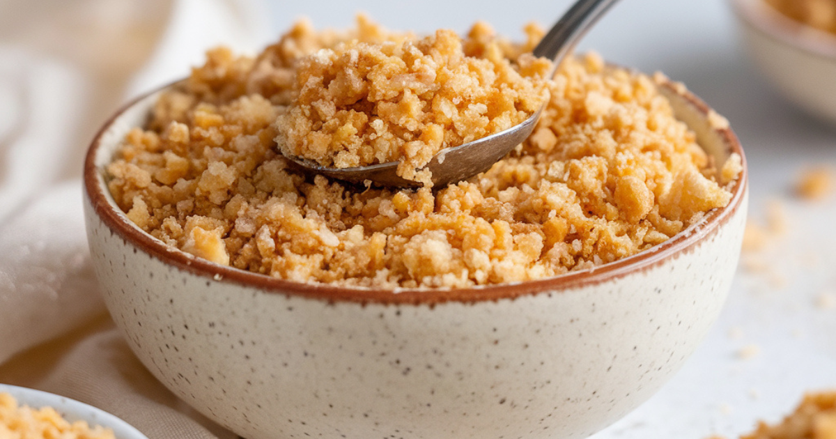 A bowl of homemade gluten-free panko crumbs with a silver spoon on a neutral background